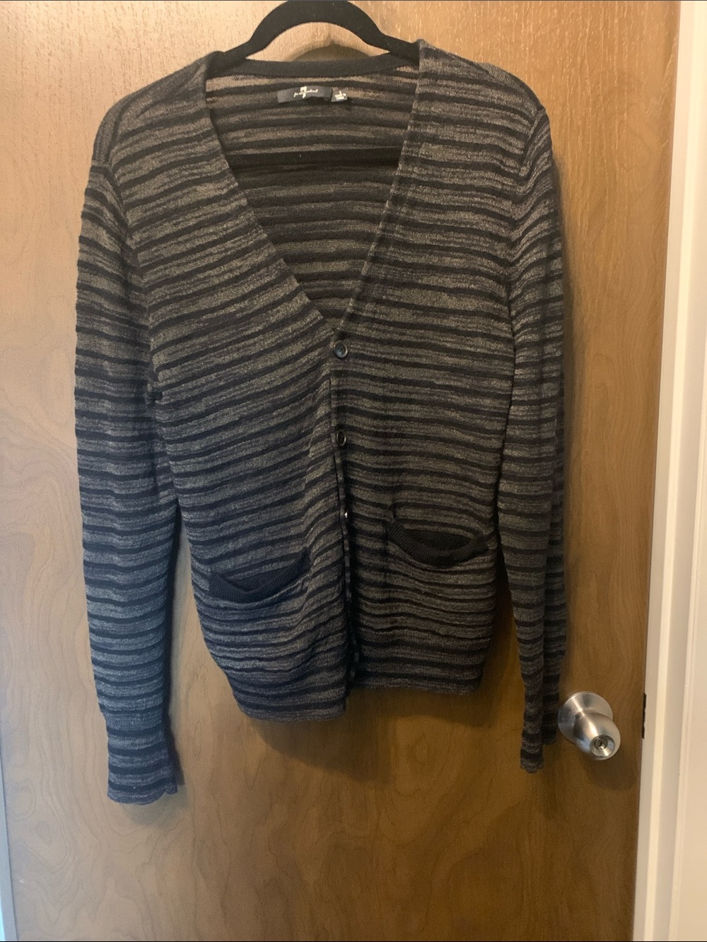 7 For All Mankind Striped V-Neck Cardigan - Gray and Black